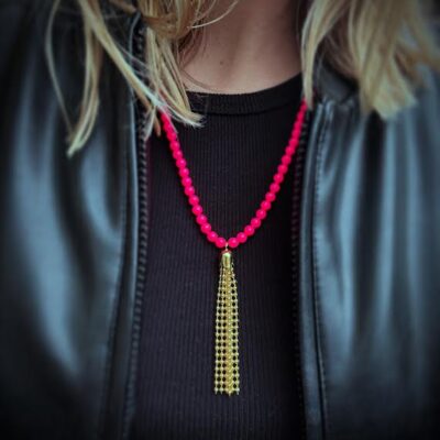 Neon Pink Resin Beaded Necklace With Brass Gold Color Tassel