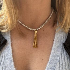 Faux Grey Pearl Necklace With Gold Color Brass Tassel