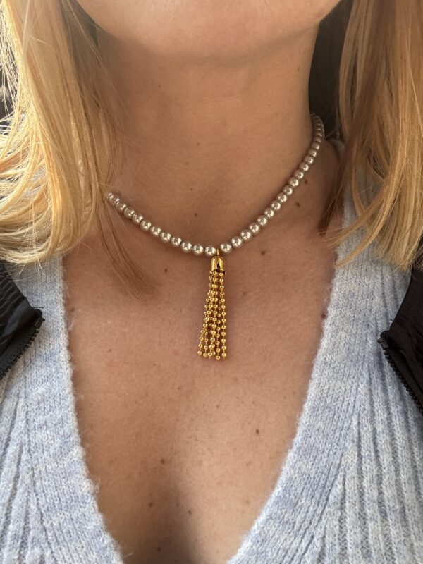 Faux Grey Pearl Necklace With Gold Color Brass Tassel
