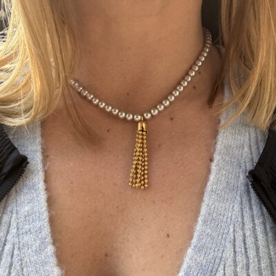 Faux Grey Pearl Necklace With Gold Color Brass Tassel