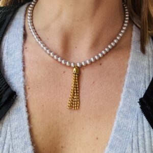Faux Grey Pearl Necklace With Gold Color Brass Tassel