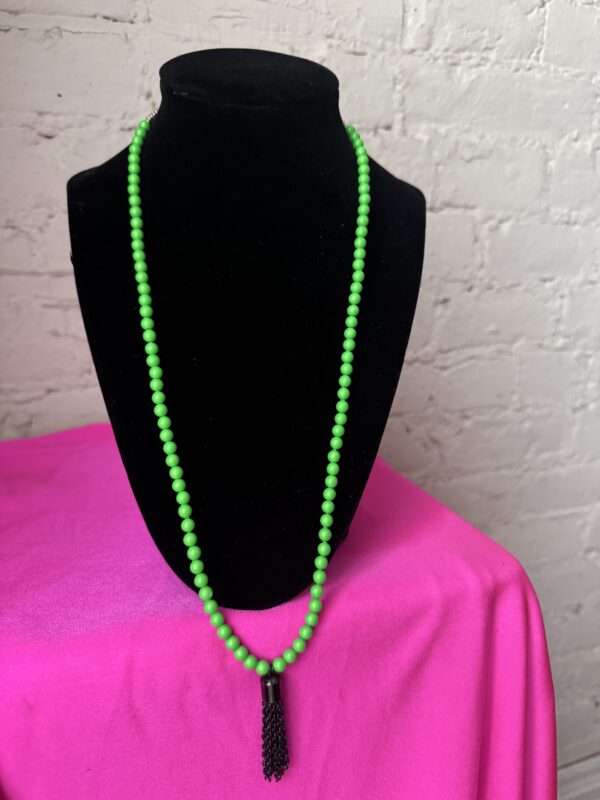 Long Lime Green Beaded Tassel Necklace - Image 2