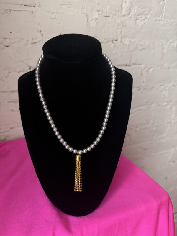 Faux Grey Pearl Necklace With Gold Color Brass Tassel - Image 2