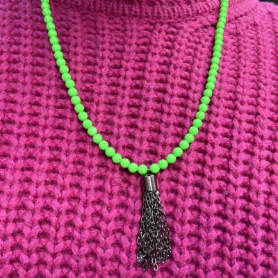 Long Lime Green Beaded Tassel Necklace