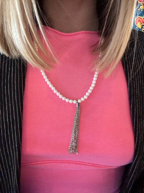 White Resin Beaded Necklace with Brass Silver Colored Tassel - Image 3