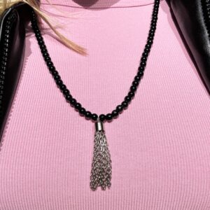 Black Resin Beaded Necklace With Silver Colored Brass Tassel