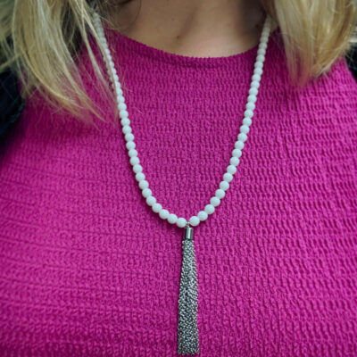 White Resin Beaded Necklace with Brass Silver Colored Tassel