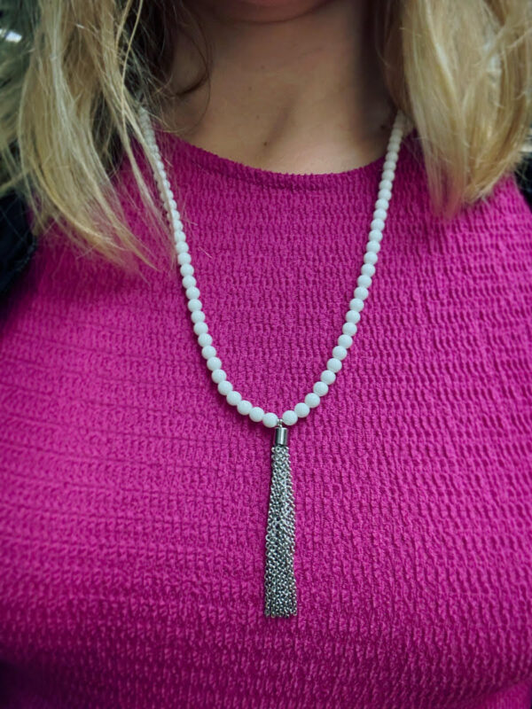 White Resin Beaded Necklace with Brass Silver Colored Tassel