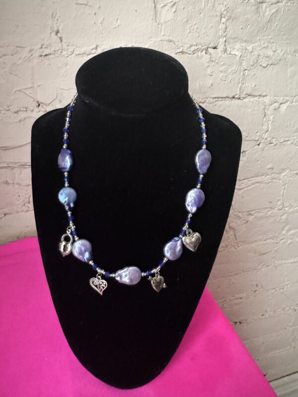 Bubblegum Blue Coin Pearl x Heart Charm Necklace - Image 2
