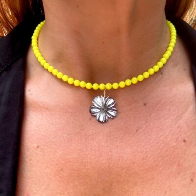 Miami Neon Yellow x Grey Mother of Pearl Floral Necklace