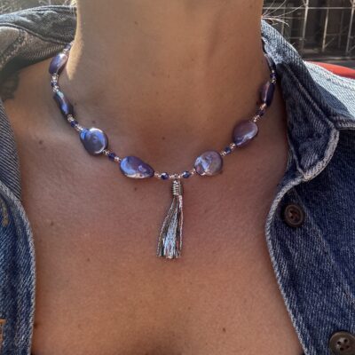 Shimmering Silver Tassel and Dyed Blue Coin Pearl Necklace