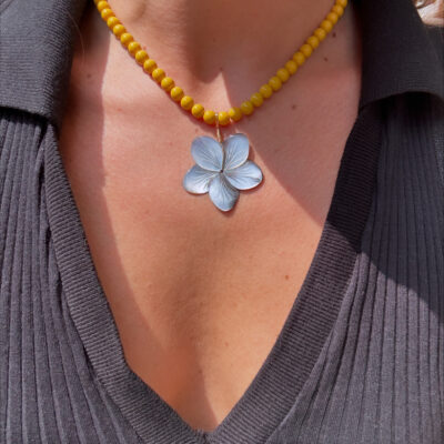 Mustard Yellow Resin Beaded Necklace with Grey Mother of Pearl Emblem