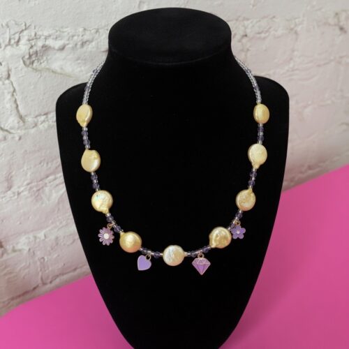 purple yellow diamond heart coin pearl necklace