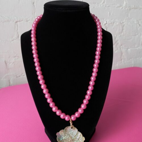 pink barbie abalone flower faux pearl necklace